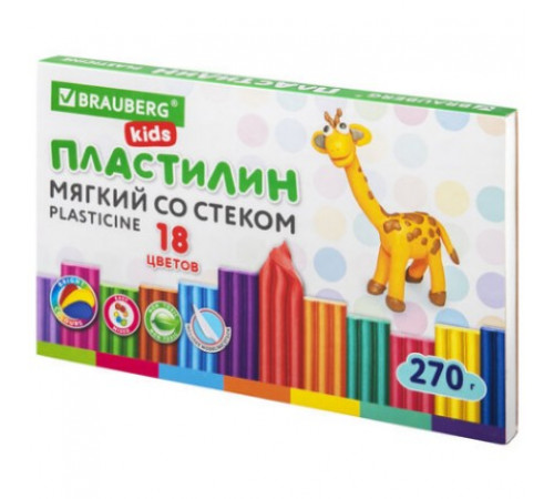 Пластилин мягкий восковой BRAUBERG KIDS, 18 цветов, 270 г, со стеком, 106497