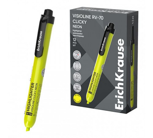 Текстмаркер автоматический ErichKrause Visioline RV-70 Clicky Neon, цвет чернил желтый 65578