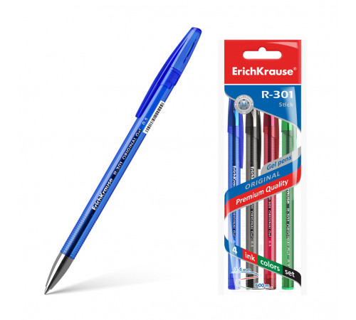 Ручка гелевая ErichKrause® R-301 Original Gel Stick 0.5, цвет чернил: синий, черный, красный, зеленый (в пакете по 4 шт.)