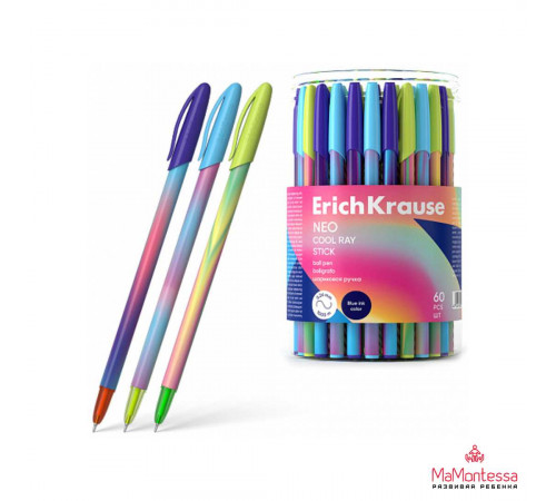Ручка шариковая ErichKrause Neo® Stick Cool Ray 0.7, Super Glide Technology, цвет чернил синий (в тубусе по 60 шт.)