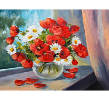 Алмаз мозаика (класс.) 17х22 см, с подр., с полным заполн. (21цв) Маки и ромашки (Арт. НД-0722)