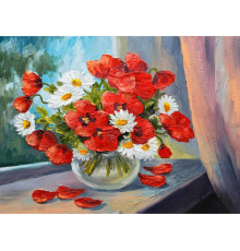 Алмаз мозаика (класс.) 17х22 см, с подр., с полным заполн. (21цв) Маки и ромашки (Арт. НД-0722)