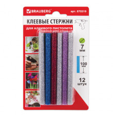 Клеевые стержни, диаметр 7 мм, длина 100 мм, цветные (ассорти), С БЛЕСТКАМИ, КОМПЛЕКТ 12 шт., 6 цветов, BRAUBERG, 670319