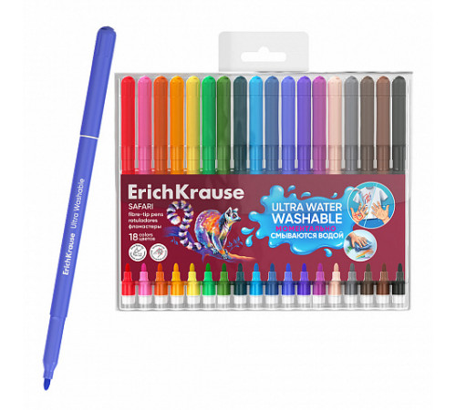 Фломастеры ErichKrause Safari Ultra Washable 18 цветов (в футляре с европодвесом 18 шт) 65460