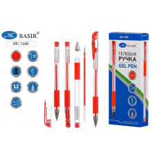 Бас.Гелевая ручка: прозрачный корпус, резиновый держатель, колпачок с цветным клипом /в цвет чернил/, диаметр пишущего узла - 0,5 мм; цвет чернил - красный  МС-1266-1