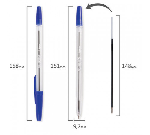 Ручка шариковая BRAUBERG Line, СИНЯЯ, корпус прозрачный, узел 1мм, линия письма 0,5мм, 141097