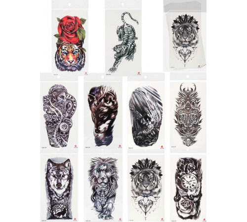 Татуировка-наклейка (11,4х21см) Животные ч/б и цвет микс 2 ( Арт. ТА-1766), кратно 10, цена за едини