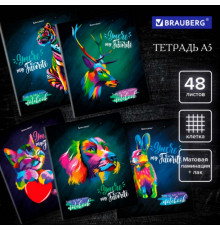 Тетрадь А5 48л. BRAUBERG скоба, клетка, мат.лам., выб. лак, Animals (микс в спайке), 404374
