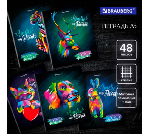Тетрадь А5 48л. BRAUBERG скоба, клетка, мат.лам., выб. лак, Animals (микс в спайке), 404374