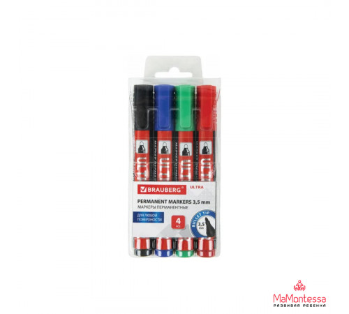 Маркеры перманентные BRAUBERG ULTRA MARKER, Набор 4 цвета, круглый наконечник 3,5 мм.