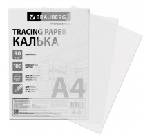Калька А4 ВЫСОКОЙ ПРОЗРАЧНОСТИ, ПЛОТНАЯ, для печати и творчества, 90 г/м2, 100 листов, BRAUBERG, 116643