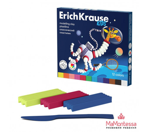 Пластилин классический ErichKrause Kids Space Animals 12 цветов со стеком,216г(в коробке 12 шт)61332