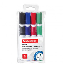 Маркеры стираемые для белой доски НАБОР 4 ЦВЕТА, BRAUBERG 