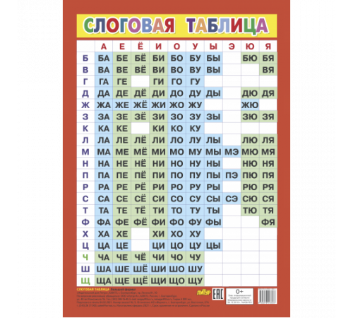 Таблица. Слоговая таблица. Большой формат. Литур. Таблица. Слоговая таблица. Большой формат. Литур.