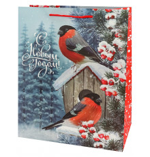 Dream cards Пакет подароч. с мат.лам. и глит. 26х32х10 см (L)  Снегири, 190г ППК-2339