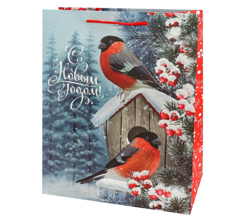 Dream cards Пакет подароч. с мат.лам. и глит. 26х32х10 см (L)  Снегири, 190г ППК-2339