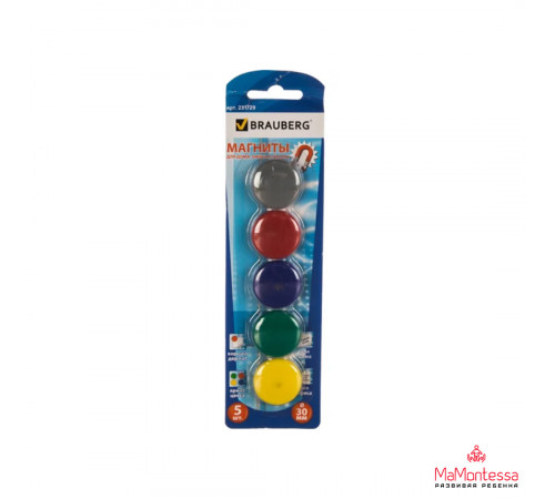 Магниты диаметром 30 мм, КОМПЛЕКТ 5 штук, цвет АССОРТИ, в блистере, BRAUBERG, 231729