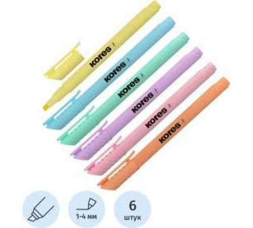 Набор текстовыделителей Kores High Liner Pastel (толщина линии 1-4 мм, 6 цветов)