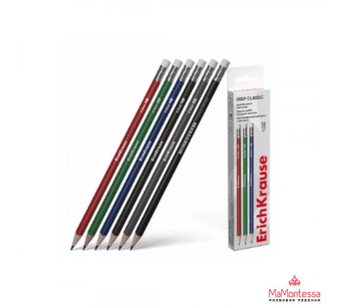 Чернографитный карандаш ErichKrause Deep Classic triangular, трехгранный, с ластиком, HB  60718