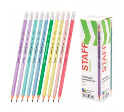 Карандаш чернографитный с ластиком STAFF EVERYDAY BLP-CLR, 1 шт., НВ, цвет корпуса асс., 182117