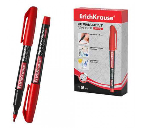 Перманентный маркер ErichKrause P-70, цвет чернил красный (в коробке по 12 шт.)