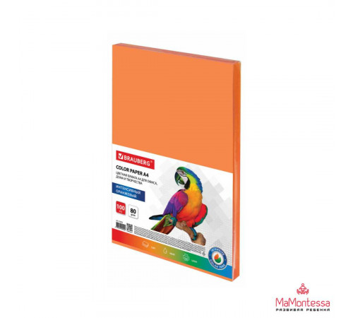 Бумага цветная BRAUBERG, А4, 80г/м, 100 л, интенсив, оранжевая, для офисной техники, 112452