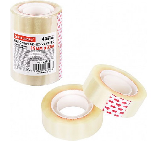 Клейкие ленты 19мм х 33м канцелярские BRAUBERG 1 шт, прозрачные, гарантиров. длина, 228762