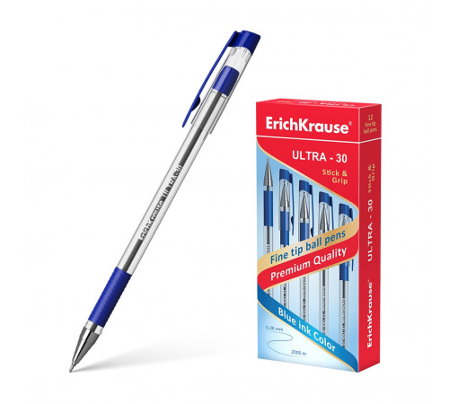 Ручка шариковая ErichKrause ULTRA-30 Stick&Grip Classic 0.7, Super Glide Technology, цвет чернил синий (в коробке по 12 шт.) 19613