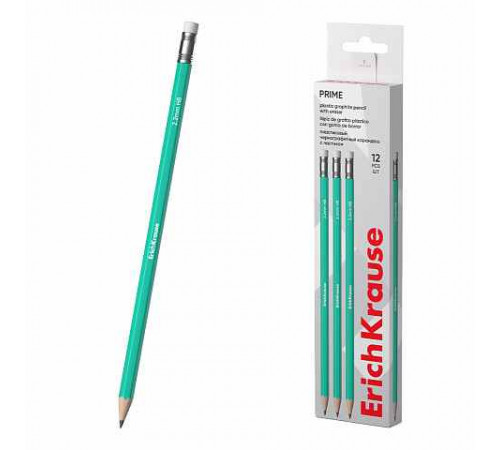 Чернографитный карандаш пластиковый ErichKrause Prime, шестигранный, с ластиком, HB (в короб 12