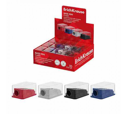 Точилка пластиковая ErichKrause Base Mini,Classic, с контейнером, ассорти (в коробке по 30