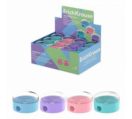 Точилка пластиковая ErichKrause Universe Plus, Pastel, с контейнером, ассорти (в коробке по