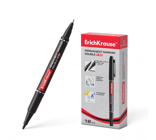Двухсторонний перманентный маркер ErichKrause Double P-80, цвет чернил черный (в коробке по 12 шт.)48183
