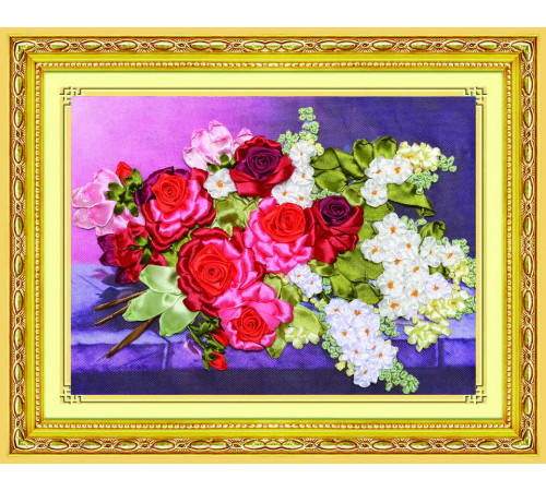 Набор для вышивания лентами (28х38 см) Букет с алыми розами (арт.C-0326)