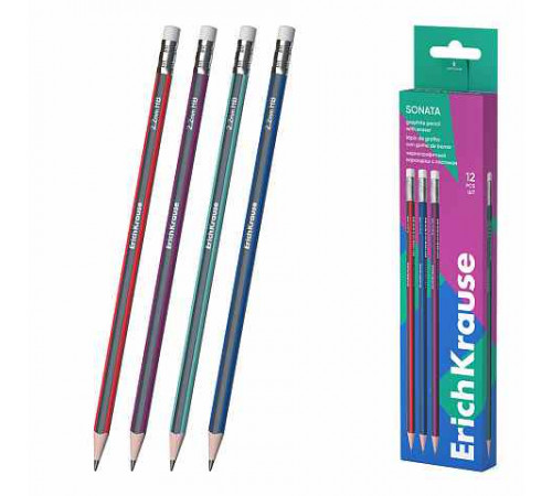Чернографитный карандаш ErichKrause Sonata, трехгранный , с ластиком, HB (в коробке по 12 шт.)45616