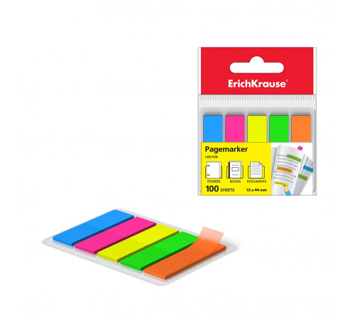 Закладки пластиковые с клеевым краем ErichKrause® Neon Arrows, 12х44 мм, 100 листов, 5 цветов