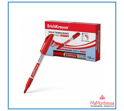 Маркер для досок ErichKrause® W-110, цвет чернил красный (в коробке по 12 шт.) 56917