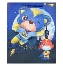 Dream Cards Пакет подарочный мат.лам,глиттер,3Dэл. 26*32*10 см(L), Мишка герой, 210г ПКП-9246