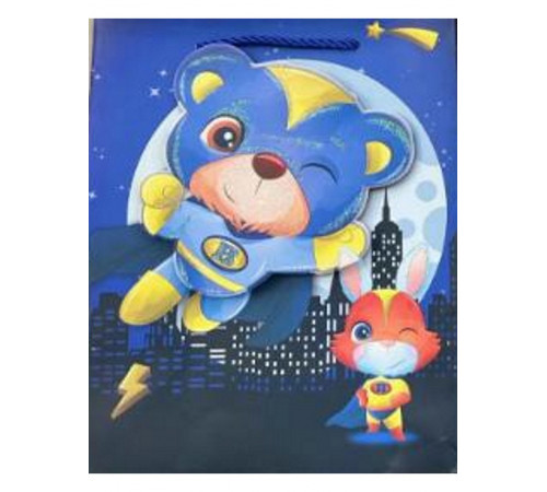 Dream Cards Пакет подарочный мат.лам,глиттер,3Dэл. 26*32*10 см(L), Мишка герой, 210г ПКП-9246