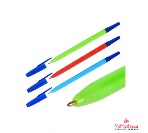 Шариковая ручка с чернилами на масляной основе: цветной шестигранный корпус /ассорти/, синий колпачок резиновый держатель, 1,0 mm, цвет чернил-синий.