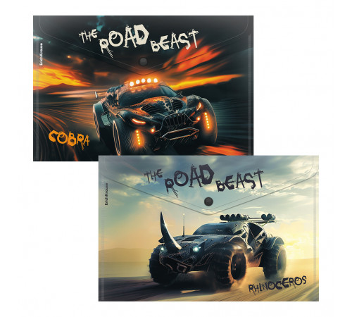 Папка-конверт на кнопке пластиковая ErichKrause Road Beast, A4, ассорти (в пакете по 12 шт.)