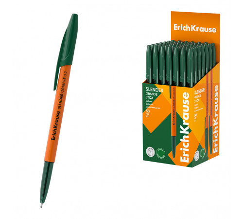 Ручка шариковая ErichKrause Slender Stick Orange 0.7, Super Glide Technology, цвет чернил зеленый (в коробке по 50 шт.)