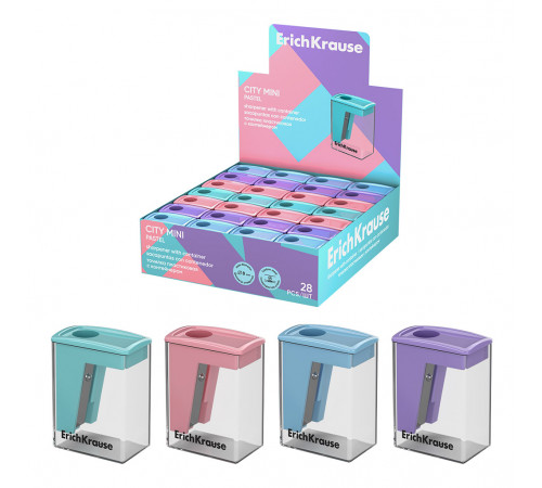 Точилка пластиковая ErichKrause City Mini, Pastel, с контейнером, ассорти (в коробке-дисплее по 28 шт)