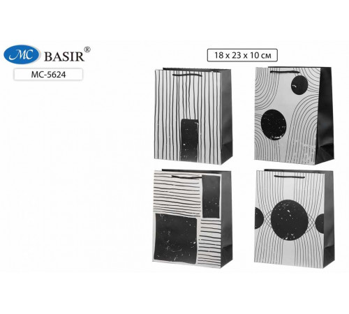 Подарочный пакет: плотный, чёрно-серый с рисунком- МС-5624
