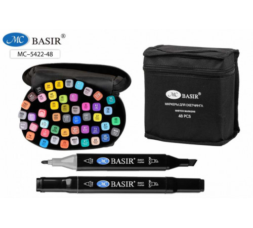 Набор скетчмаркеров: двусторонние, пулевидный и клиновидный наконечники 1,0-7,0 mm; чёрный четырёхгранный корпус; на спиртовой основе; тканевая черная сумка на молнии, 48 цветов. МС-5422-48/25