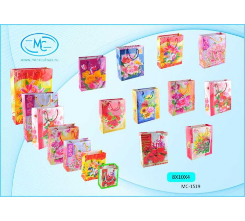 Подарочный пакет: бумажный, рисунок-цветы /ассорти/, 8,0*10,0*4,0 см. МС-1519