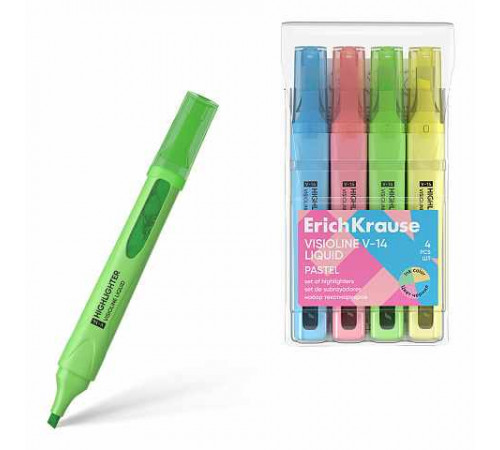 Набор из 4 текстмаркеров с жидкими чернилами ErichKrause Visioline V-14 Liquid Pastel, цвет