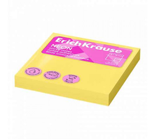 Блок самоклеящийся бумажный ErichKrause Neon, 75х75 мм, 100 листов, желтый