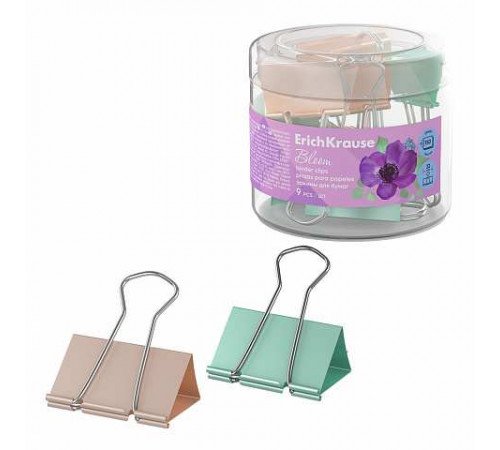 Зажимы для бумаг ErichKrause Pastel Bloom, 32 мм, ассорти (в пластиковой коробке, 9 шт.)
