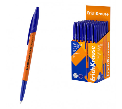 Ручка шариковая ErichKrause Slender Stick Orange 0.7, Super Glide Technology, цвет чернил синий (в коробке по 50 шт.)