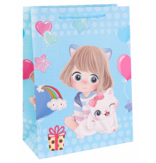 Dream cards Пакет подарочный с мат.лам. 18х24х8,5см (M) Девочка с котёнком, голубой, 210 г ПКП-3117